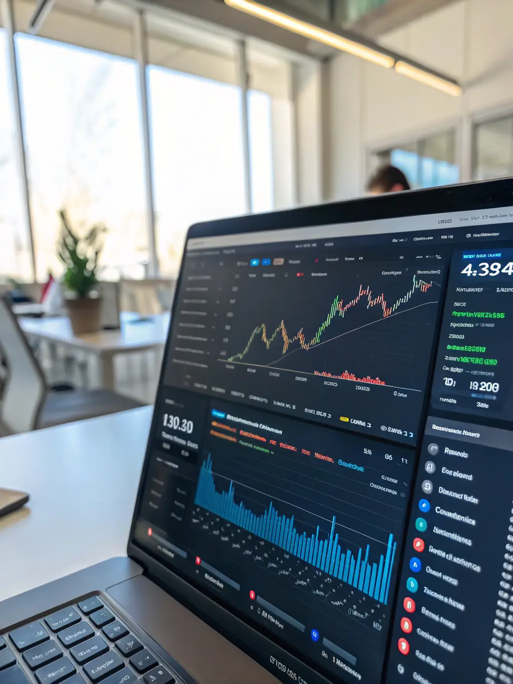 A close-up shot of a computer screen displaying a 3Commas trading interface with profitable trades highlighted, emphasizing the automation aspect.